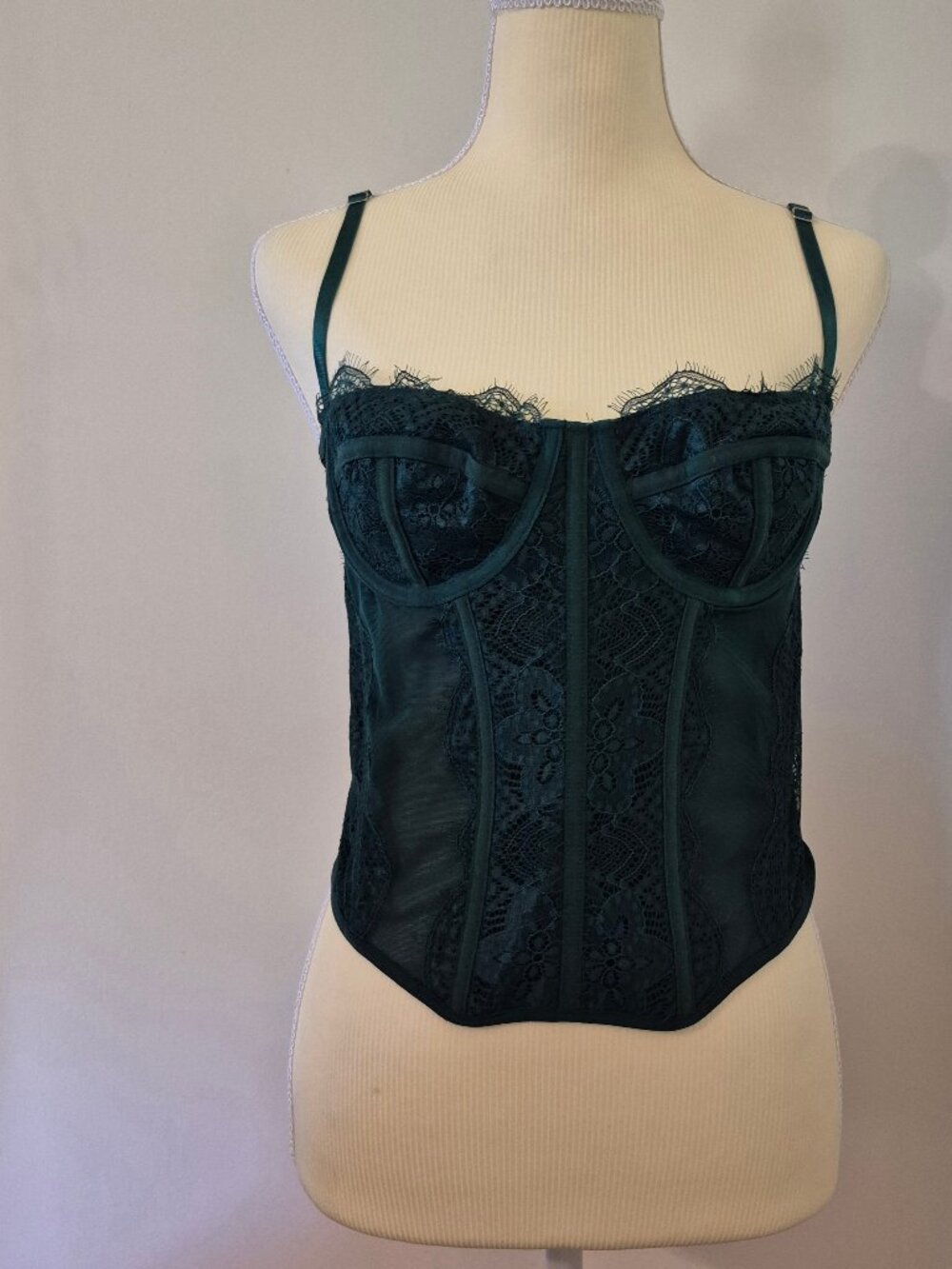 Emerald Green Lace Corset Top Bustier Mesh Boned L Coquette Whimsigoth Vampy Y2K